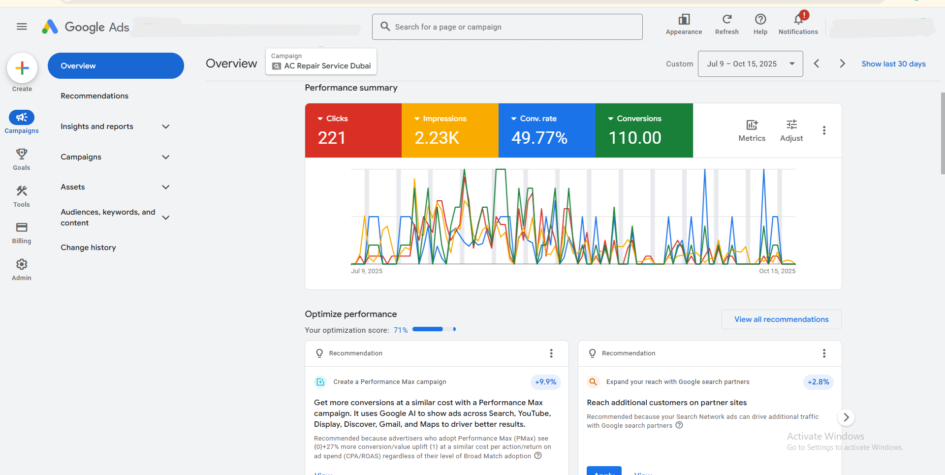 AC Repair Service Dubai Google Ads Dashboard